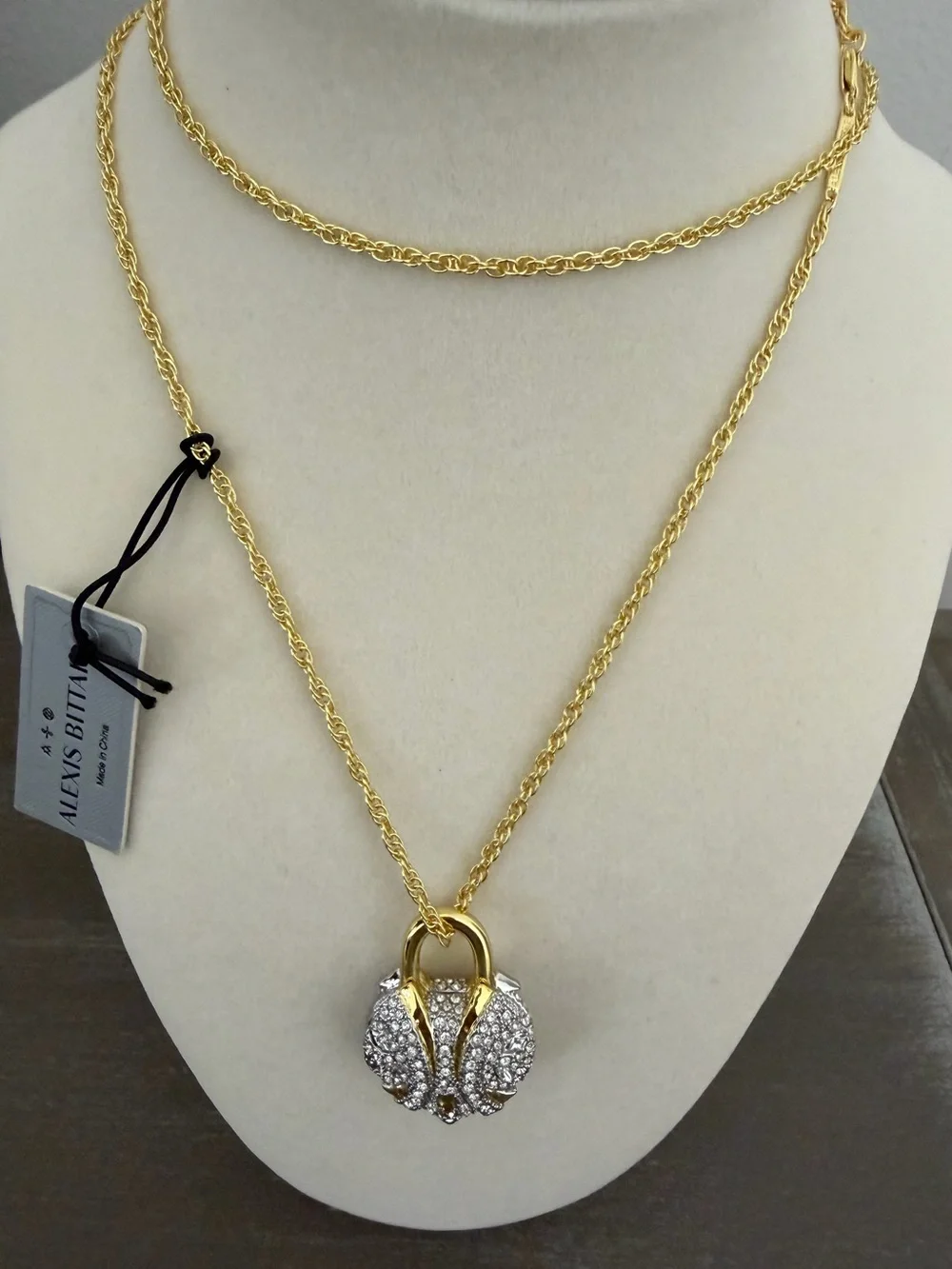 NWT Alexis Bittar Crystal Heart Pavé Padlock Pendant Necklace Gold Tone Chain